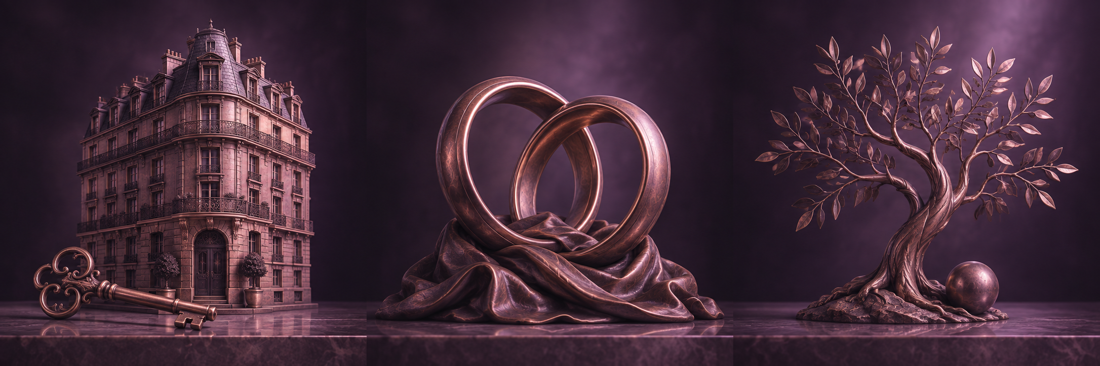 Un immeuble haussmannien miniature et une clé en bronze rose