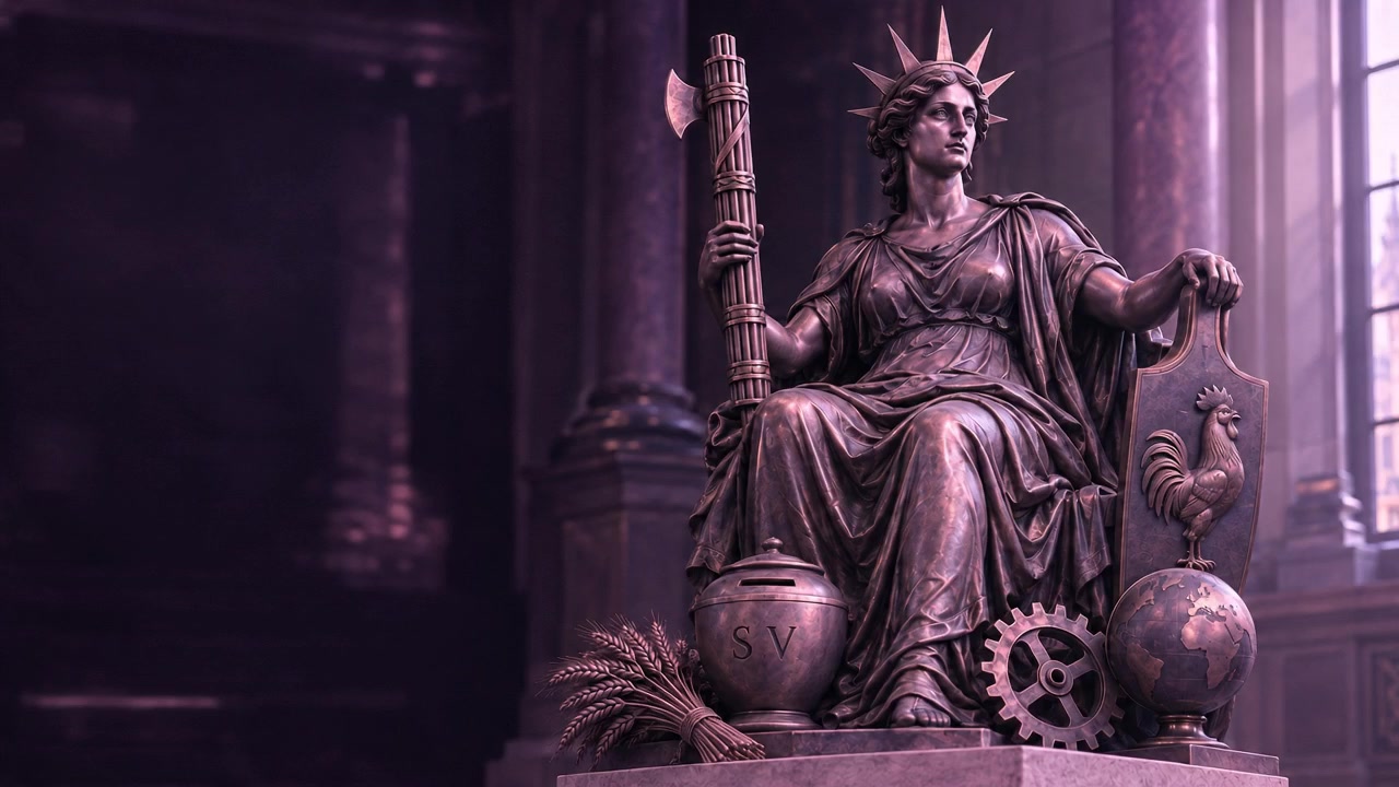 Marianne en bronze rose, dans un décor violet qui révèle une bibliothèque et un bureau