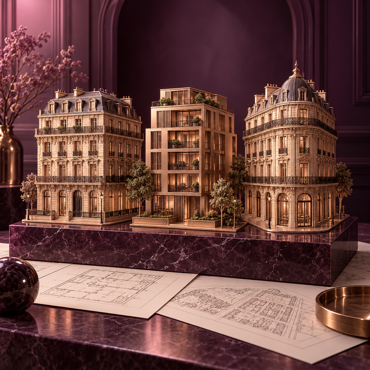 Maquette architecturale d’un ensemble immobilier en bronze rose sur un socle